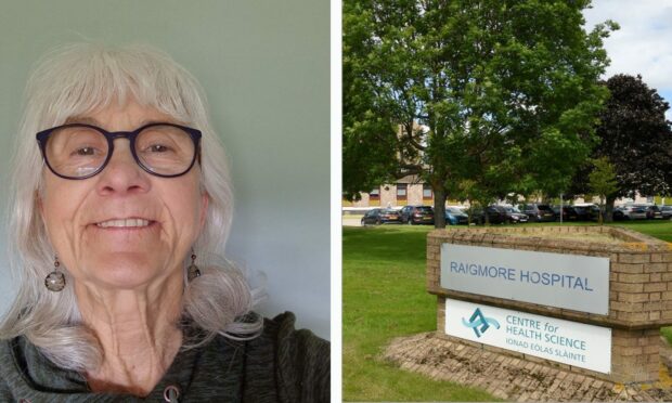 Side by side images of a selfie of Jo Cameron wearing dark-framed glasses on the left and the Raigmore Hospital sign on the right