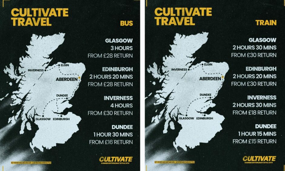 Poster outlining duration and pricing of buses and trains to Cultivate Festival from various locations in Scotland.