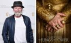 Actor Peter Mullan alongside poster for series The Lord of the Rings: The Rings of Power.