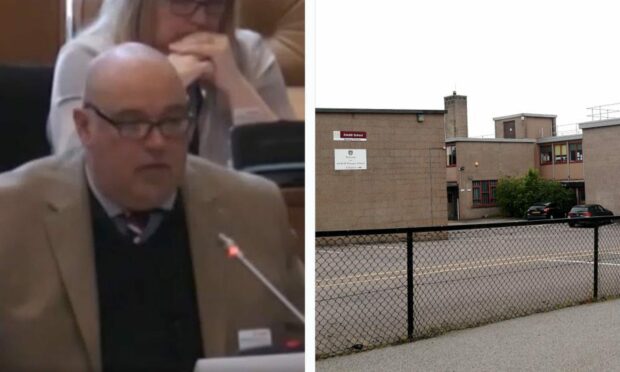 Councillor Richard Brooks in the Aberdeen City Council chamber side by side a picture of Kirkhill School Nursery,