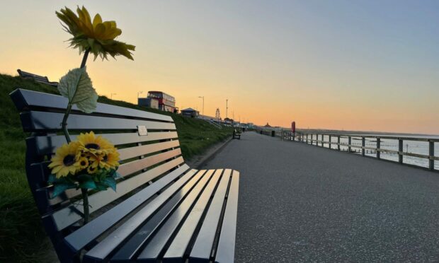 Plastic flowers are seen tied to one of the many memorial benches that run along Aberdeen beach. Image: Ben Hendry/DC Thomson