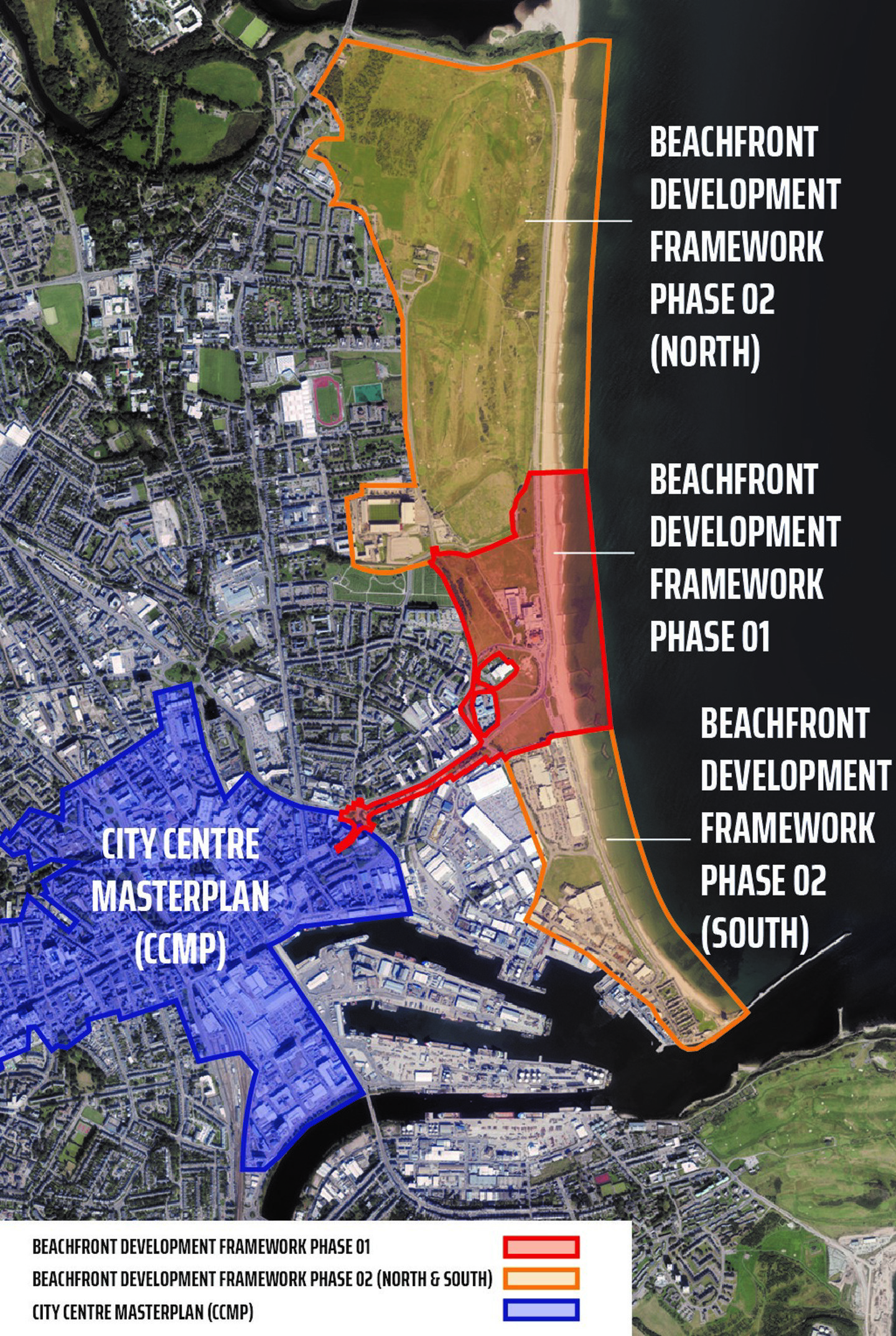 A map showing where phase one and two of the Beach Masterplan are located. 