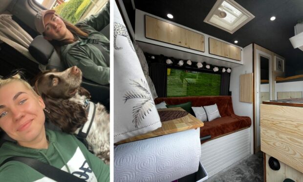Collage image showing selfie of Agne, Inga and dog Archie in driver's cab on left, and interior view of converted van showing sofa area on the right.