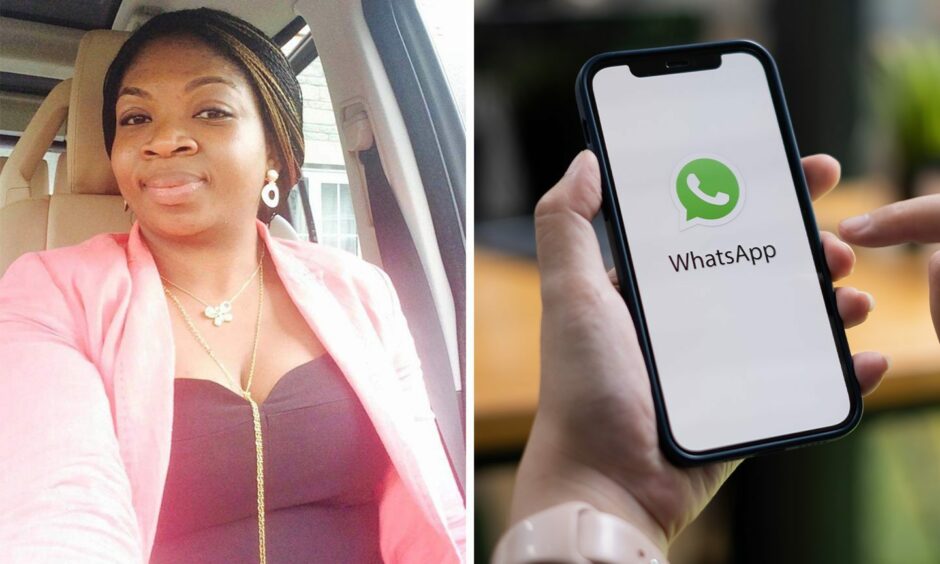 Chichi Dallas alongside an image of a phone screen with the WhatsApp logo.