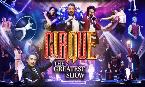 A poster of Cirque: The Greatest Show with performers positioned around the title in bright red and yellow.
