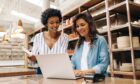 two women looking at a laptop on a table, financial planning for their businesses