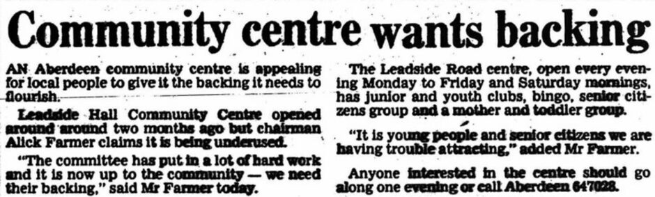 The Evening Express championed use of Leadside Community Centre in Aberdeen after a slow start. Image: British Newspaper Archives.