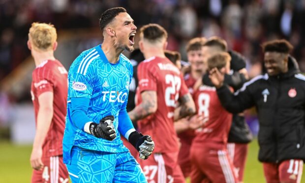 Keeper Kelle Roos celebrates Aberdeen qualifying for Europe. Image: Darrell Benns/DC Thomson