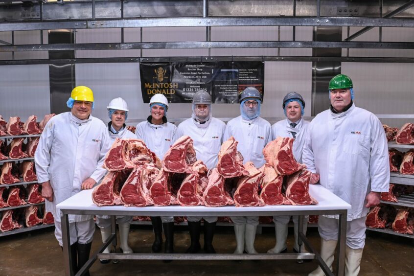 The team with judge Mr Tooley at the Kepak McIntosh Donald/Tesco best Scotch steak competition.