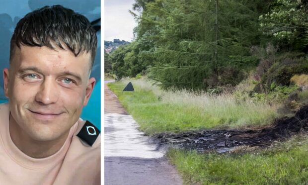 David Will's car was engulfed in flames and left burn marks on the A93. Image: Facebook/Newsline