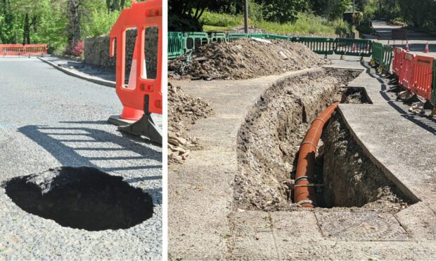 Collage image showing small initial Dufftown sinkhole on left, and large trench now dug up on Fife Street.