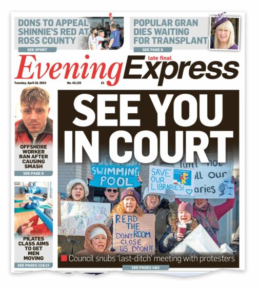 Strong words from the library and pool campaigners in Aberdeen on the front page of The Evening Express on April 18.