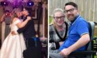 A kiss that was a year in the making... Barry and Emma MacDowell at their wedding in April and at home in Inverness. Image: MS Society/Sandy McCook