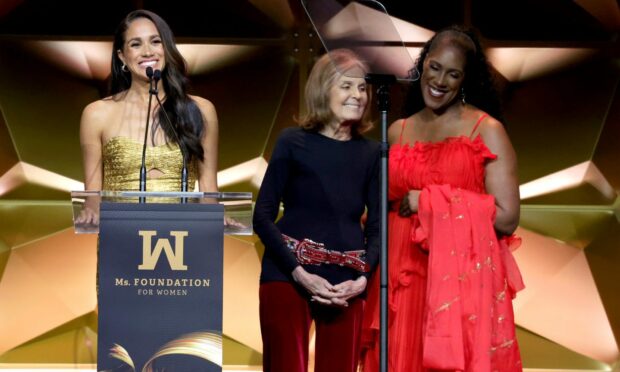 The Duchess of Sussex on stage with Gloria Steinem and Teresa Younger at the Ms. Foundation Women of Vision Awards in New York. Kevin Mazur/Getty Images.