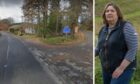 Councillor Geva Blackett and the A93 junction at Crathes where she reported the pothole.