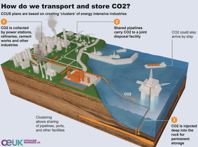 Graphic showing the carbon capture and storage process