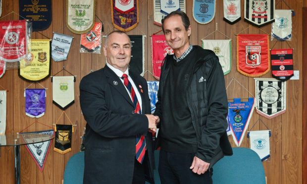 Pictures by JASON HEDGES    
CR0042740. Danny Law. Pictures show new Lossiemouth manager Frank McGettrick and of Lossiemouth chairman Alan McIntosh. May 5th 2023 Images by Jason Hedges/DC Thomson