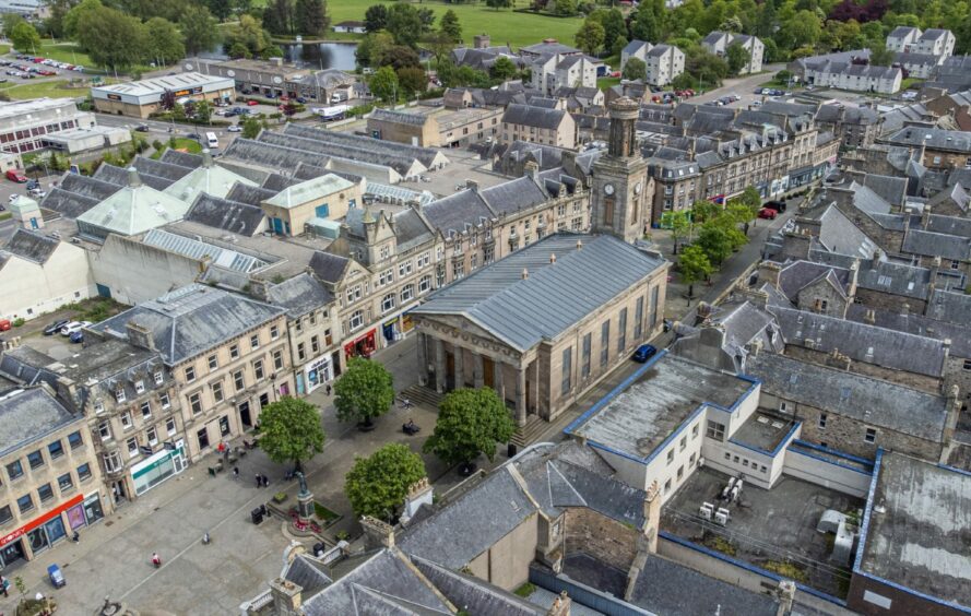 An aerial view of Elgin's town centre in Moray