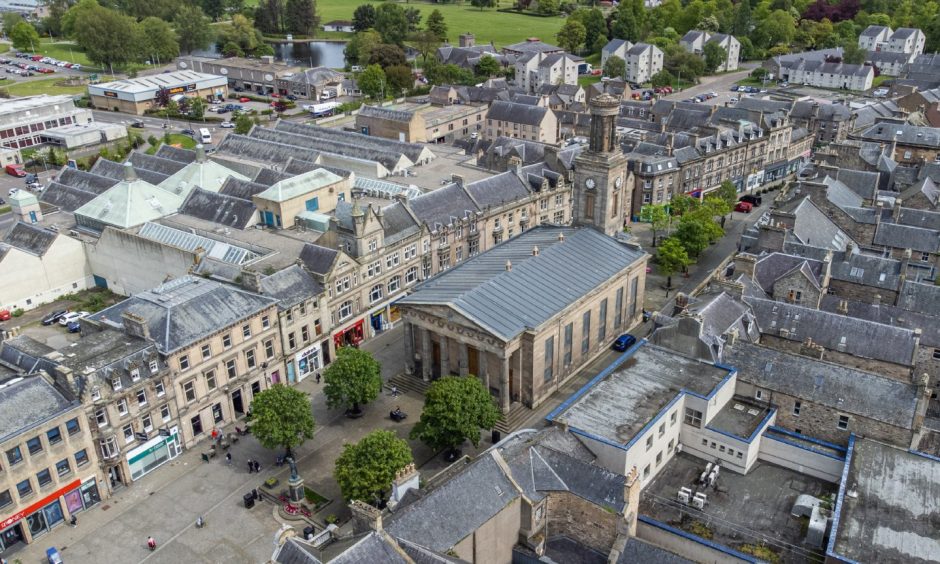 Drone picture looking down on St Giles Church and Elgin High Street.