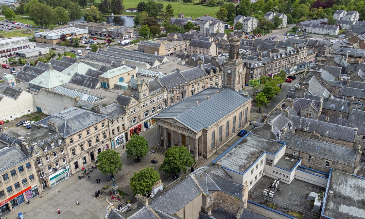 Drone picture looking down on St Giles Church and Elgin High Street. 