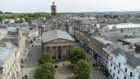 Aerial view of St Giles Church in centre of Elgin.