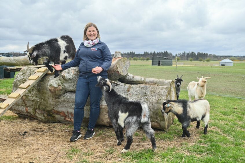Helen Smith with goats at Byres Farm in Fochabers, Scotland.