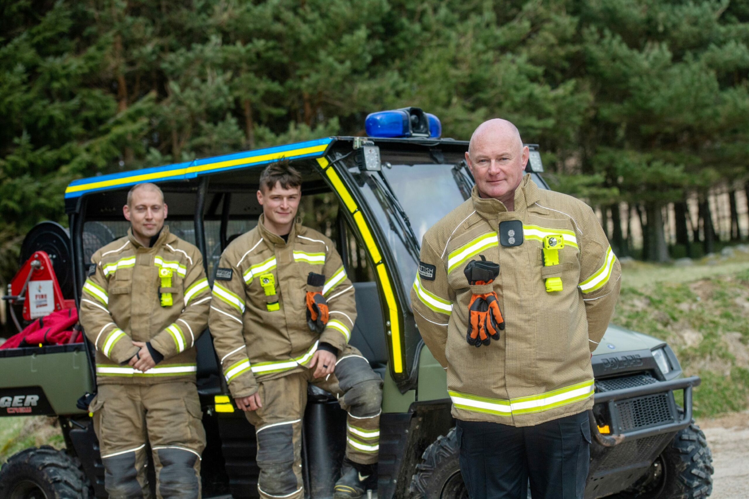 Alex Rouse, Jack O'Halloran and David Murray, Crew Commander at Ballater Fire Station.