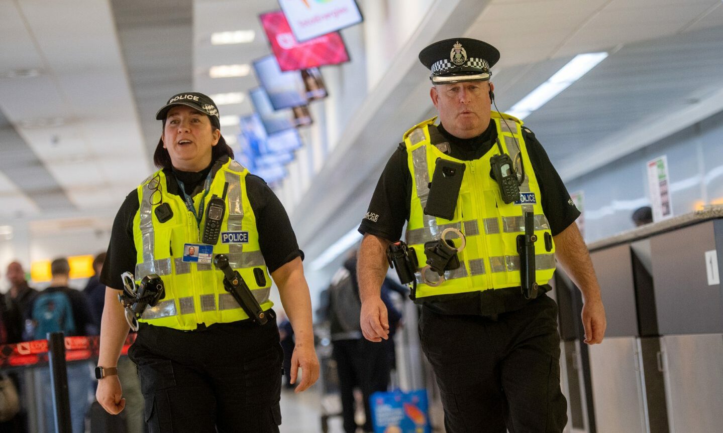 Two police officers on patrol at Aberdeen Airport at the launch of Campus Watch.