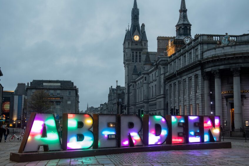 Giant Aberdeen lights lit up.