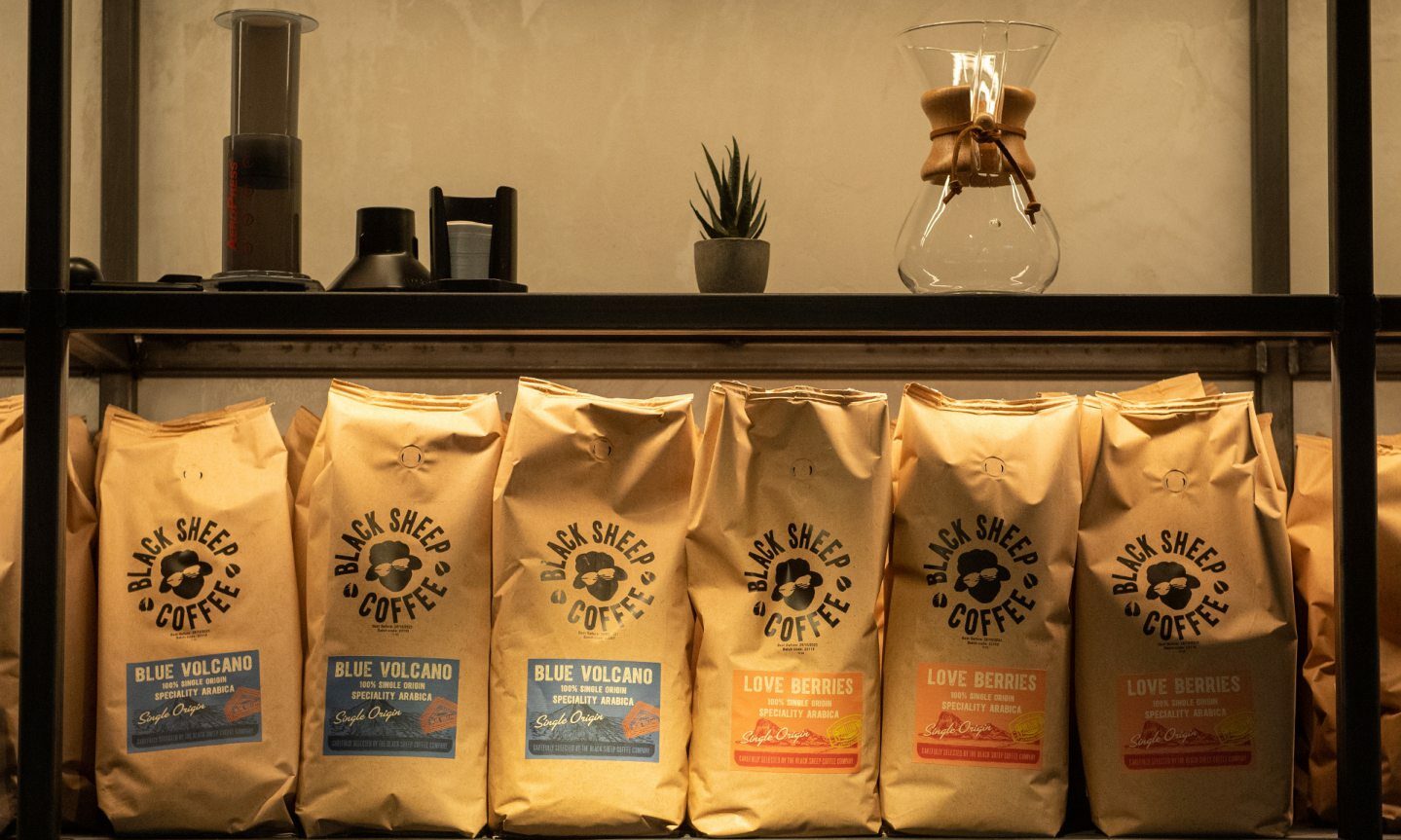 Bags of Black Sheep coffee beans in Aberdeen's Union Square