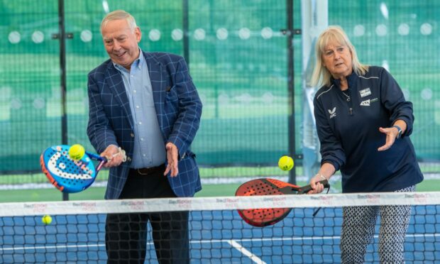 Sport Aberdeen chairman Tony Dawson, left, and LTA Sandi Procter, right, at the opening of the padel tennis facility in Aberdeen