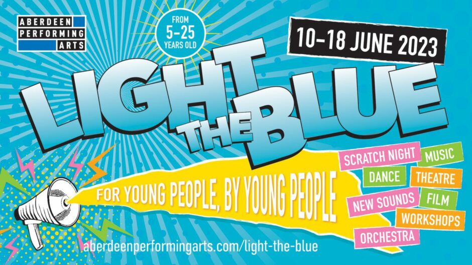 Colourful poster for Light The Blue arts festival in Aberdeen.