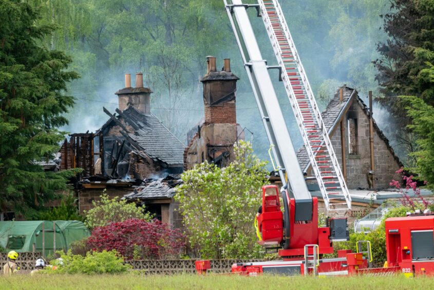A house in Orton near Fochabers has been badly damaged by the fire with the roof mainly caved in. 