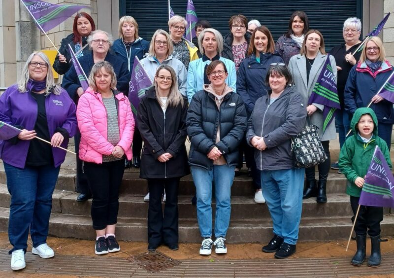 Moray Unison branch secretary Karen Donaldson is joined by primary school office workers raising concerns over Moray Council's plans to cut jobs and reduce hours.