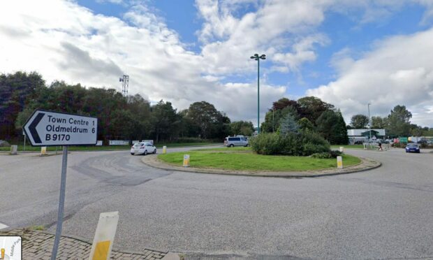The roundabout outside Morrisons in Inverurie, where one of the cow heads was found.