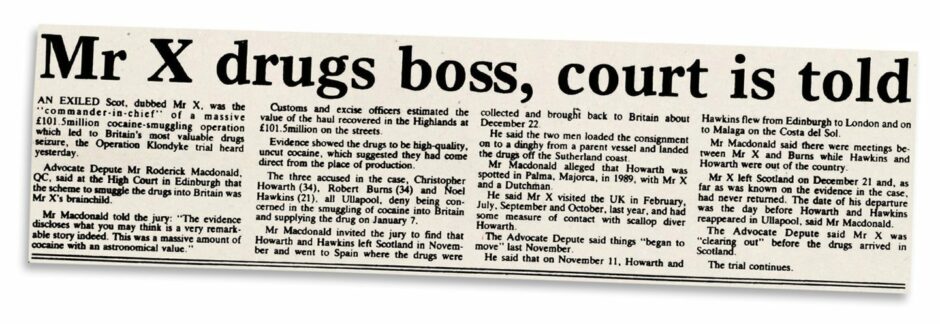 A ragout from The Press and Journal in May 1991. The headline reads: Mr X drugs boss, court is told.