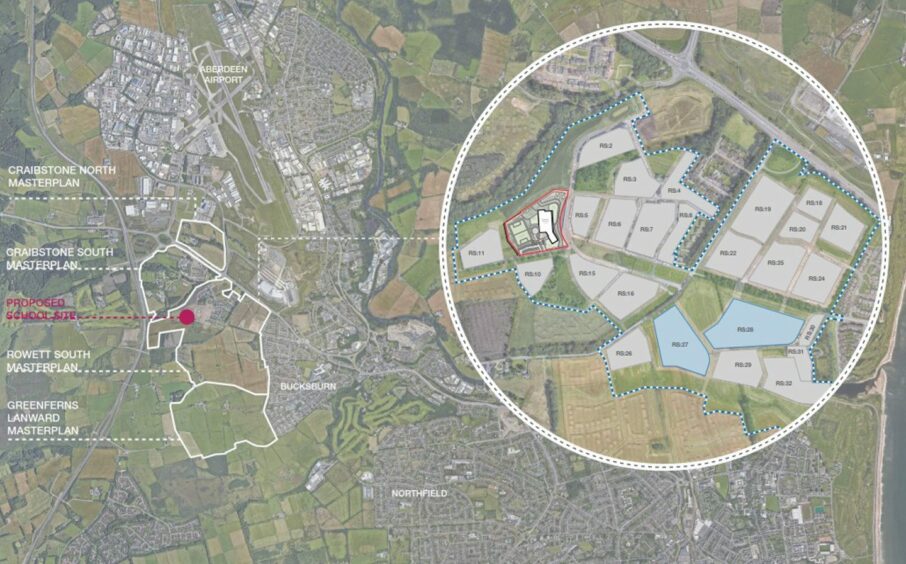 The red outline shows the location of the proposed Newhills School on the outskirts of Aberdeen.