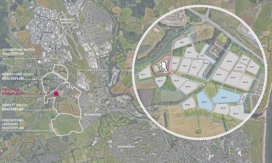 A red outline shows the location of the proposed school.