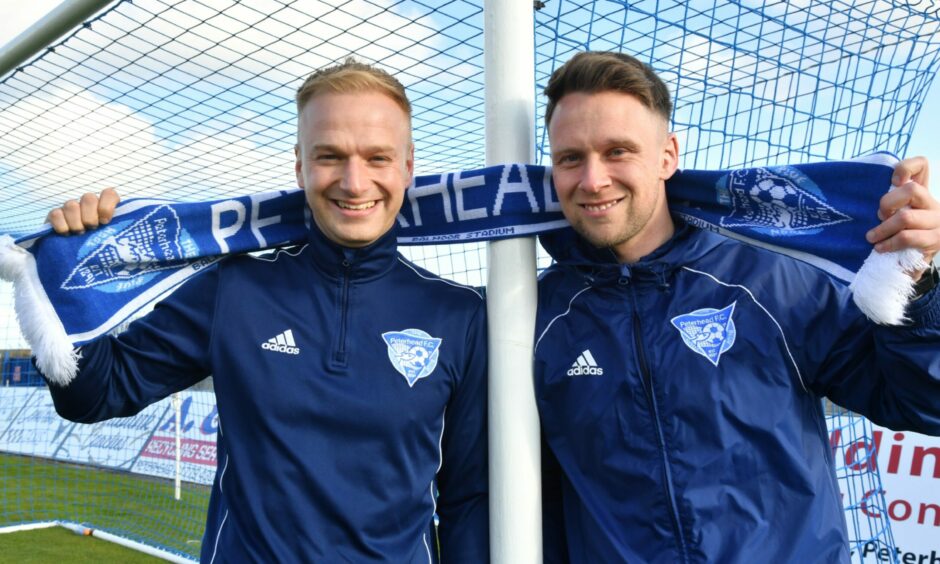 Peterhead co-managers Jordon Brown, left, and Ryan Strachan, right are photographed at Balmoor Stadium.
