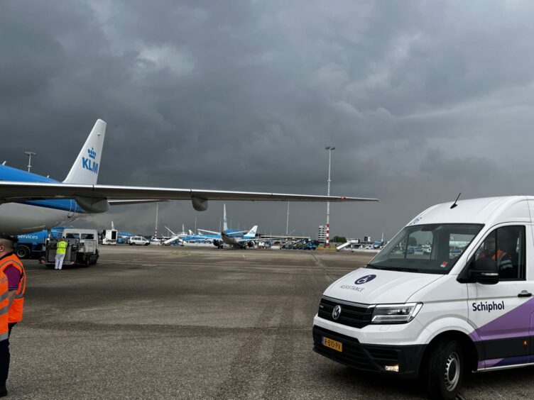 Overcast skies at Schiphol Airport.