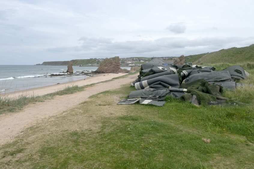 View of old artificial turf from Buckie High School on Cullen Beach.