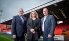 Left to right: Steve Kennedy, managing director at Perfectshine and Perfecthygiene, Amy Thomson, key account manager at Aberdeen Football Club, and Stewart Gardiner, commercial director at Perfectshine and Perfecthygiene. Pittodrie Stadium. Image: Engage PR