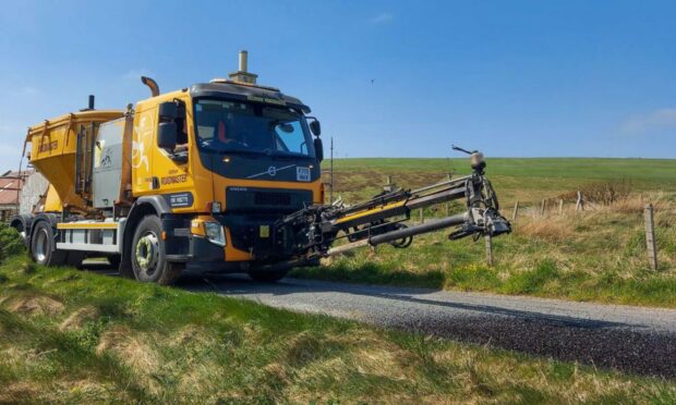 The roadmaster patcher vehicle has arrived in Shetland for its sixth annual visit to address road defects across Shetland. Image: Shetland Islands Council.