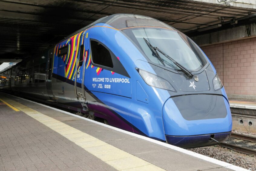 A "Welcome to Liverpool" message on one of the TPE trains serving Liverpool as the city prepares to host the Eurovision Song Contest. Image: TransPennine Express/PA Wire 