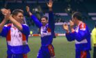 Richard Hastings, Mark McCulloch and Paul Sheerin celebrate Caley Thistle's stunning 3-1 Scottish Cup win at Parkhead in February 2000. Image: SNS