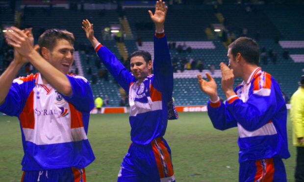 Richard Hastings, Mark McCulloch and Paul Sheerin celebrate Caley Thistle's stunning 3-1 Scottish Cup win at Parkhead in February 2000. Image: SNS