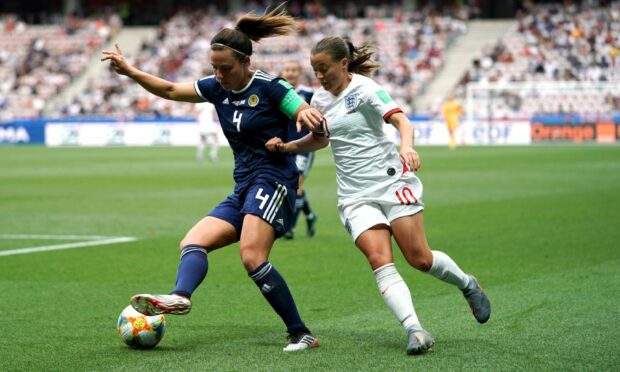 Rachel Corsie battles with England's Fran Kirby at the 2019 World Cup.