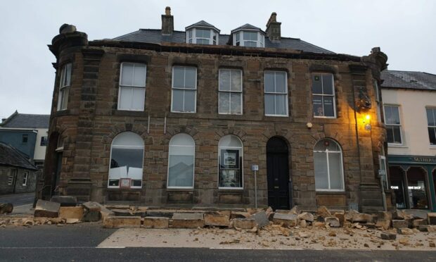 Huge sandstone blocks fell from the roof of the Thurso building. Image: Supplied