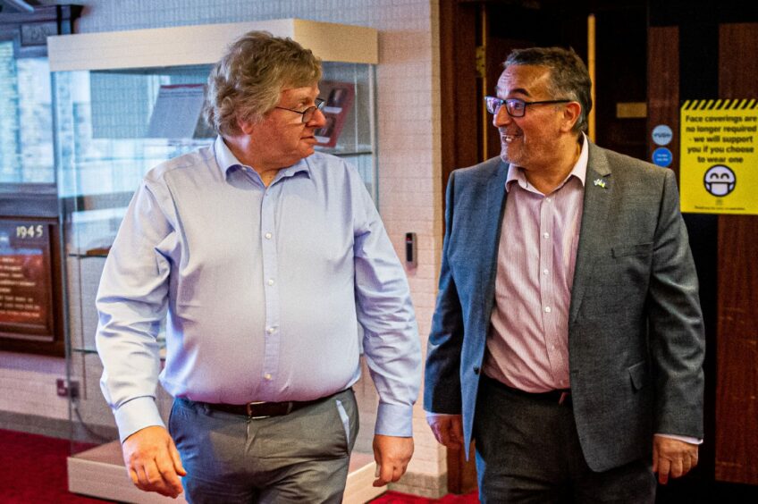Lib Dem council co-leader Ian Yuill and his new SNP counterpart Christian Allard. The new man offered little hope for those wanting public cash for a new Aberdeen FC stadium. Image: Wullie Marr/DC Thomson.