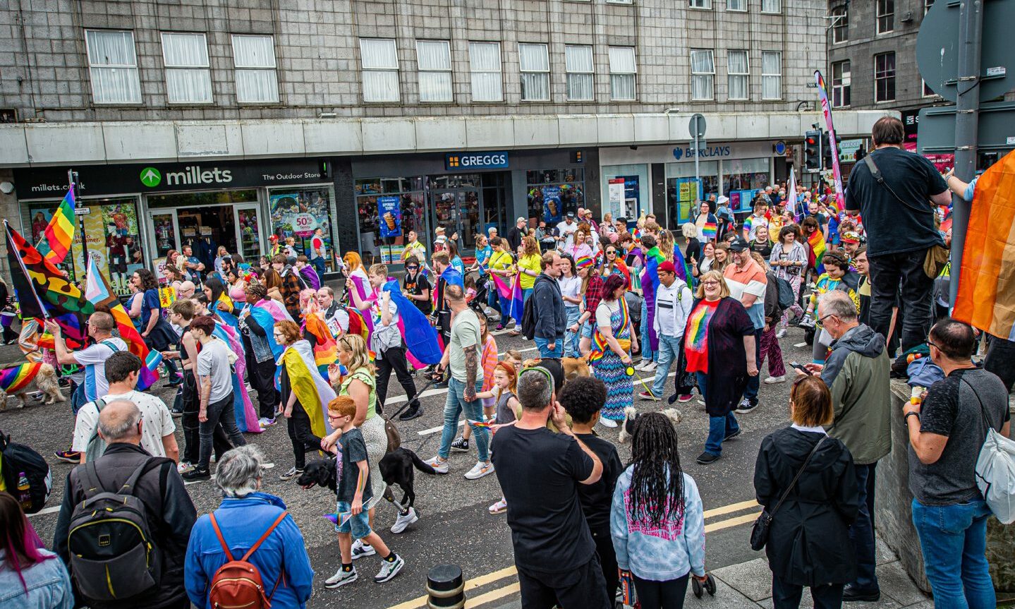 Crowds of revellers at this year's Grampian Pride parade down Aberdeen's Union Street.
